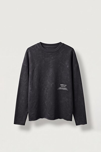 ablukaonline Men's Boxy Fit Crew Neck Washed Printed Sweatshirt Black