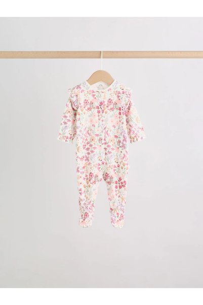 Next Baby 100% Cotton Pink Floral Rabbit Patterned 3-Piece Jumpsuit Set with Snap Fasteners Alyg54765