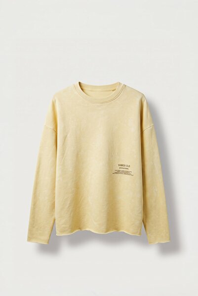 ablukaonline Erkek Boxy Fit Bisiklet Yaka Yıkamalı Baskılı Sweatshirt Sarı