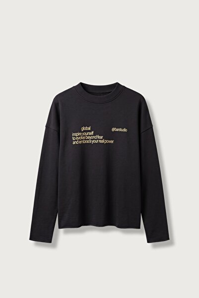 ablukaonline Men's Boxy Fit Letter Printed Crew Neck Sweatshirt Black