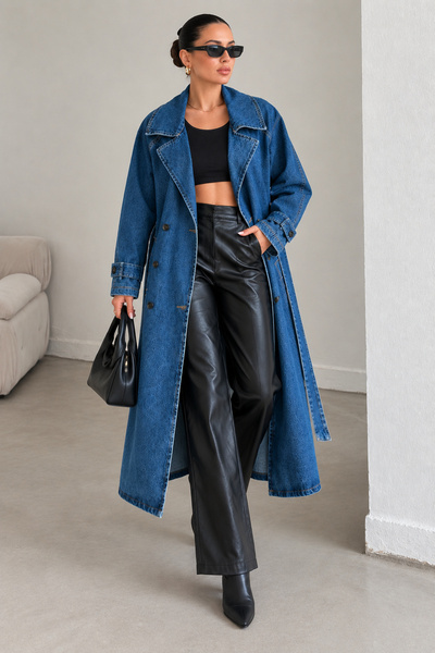 istare Kadın Kuşaklı Kruvaze Yaka Oversize Uzun Denim Trençkot Mavi