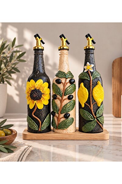 Rembox 3’lü Yağdanlık Seti 750 ml Özel Tasarım El İşçiliği Kil Detaylı Zeytin...