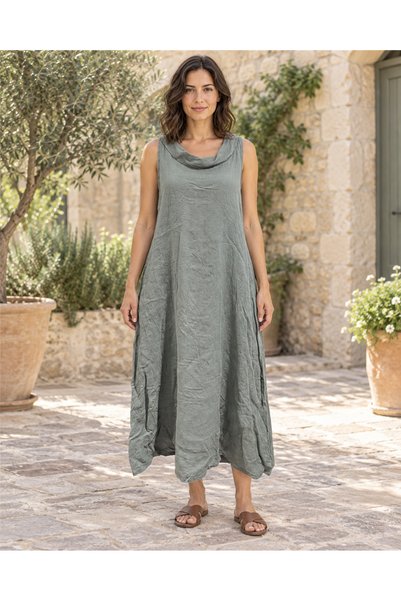Miss Boheme Khaki Color Degaje Collar Pocket Detailed Italian Linen Dress
