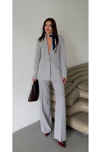HOEK Monaco Women's Light Gray Blazer Jacket Palazzo Trousers Two-Piece Set