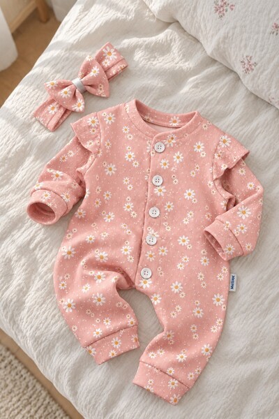 METEOR BABY Baby Girl Jumpsuit Daisy Patterned Ruffle Detailed Hairband 2-Pie...
