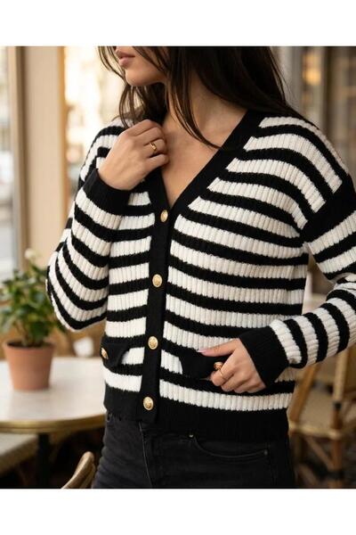 ArdaEge Black Striped Gold Buttoned V-Neck Knitwear Cardigan