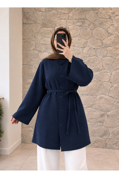 Mina Terzi&Butik Düğmeli kuşaklı gömlek lacivert