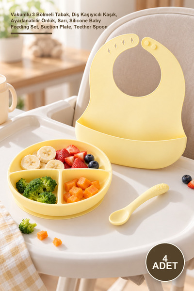 Yenilig 4 Adet 3'Lü Silikon Bebek Yemek Seti – Vakumlu 3 Bölmeli Tabak, Diş Kaşıyıcılı Kaşık, Ayarlanabilir Önlük, Sarı, Silicone Baby Feeding Set, Suction Plate, Teether Spoon