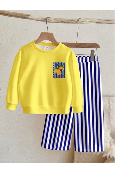 İBRE Pek-Şik Moda Girls' Yellow Lemon Printed Striped Cycling Collar Sweatshirt Set