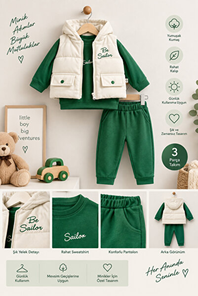 Bilge Trend BE SAILOR , ŞİŞME YELEKLİ 3 PARÇA KIŞLIK ERKEK BEBEK TAKIMI