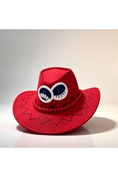 KAZUKO Red Cowboy Hat with Cartoon Eyes and Beaded Decorations with a Drawstr...
