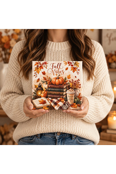AlohamoraShop Fall Vibes Sonbahar Temalı 20x20 cm Kanvas Tablo | Balkabağı, K...