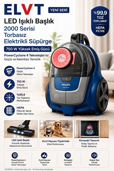 Philips ELVT Yeni Seri LED Işıklı Başlık 2000 Serisi Torbasız Elektrikli Süpü...