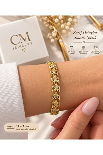 Gold Çiçek Desenli İşlemeli Kadın Bileklik 17+2 cm