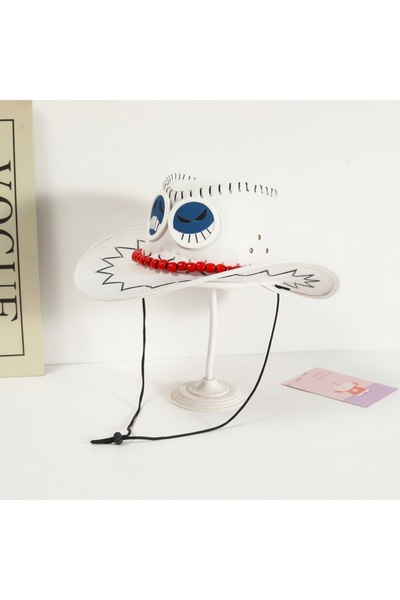 KAZUKO White Cowboy Hat with Cartoon Eyes Design and Red Beads with Tieback