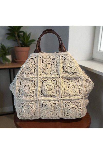 Crochet Bilgen El Örgüsü Büyük Boy Motifli Astarlı Tote Çanta