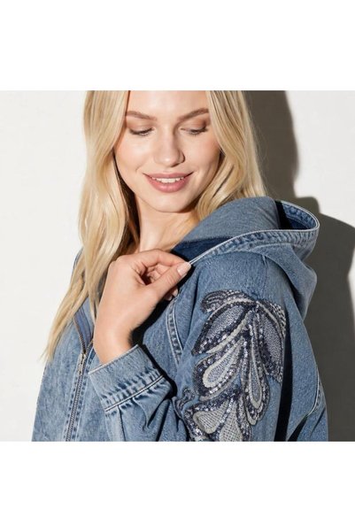 ArdaEge Light Blue Denim Sequin Floral Embroidered Hooded Oversize Denim Jacket