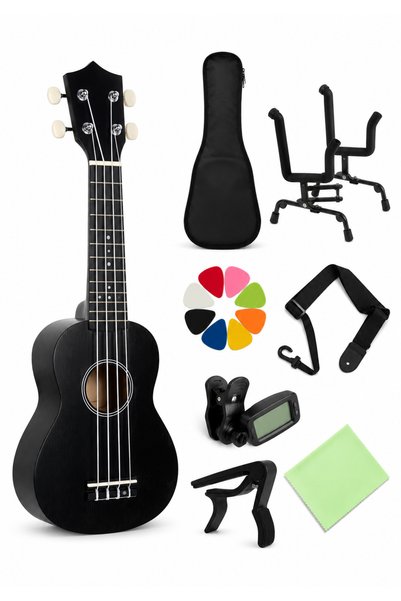 MegArya Black Ukulele 4-String Starter Kit with Gig Bag, Folding Stand, Clip-...