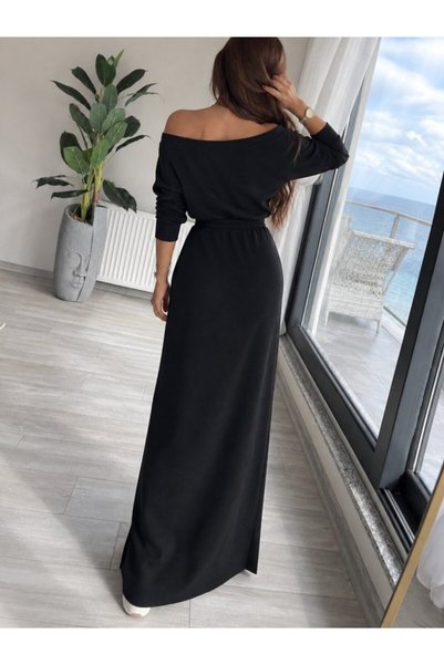 Modayakamoz Elegant and Comfortable Chic - Women's Madonna Collar Long Sleeve Waist Tie Slit Long Viscose Dress
