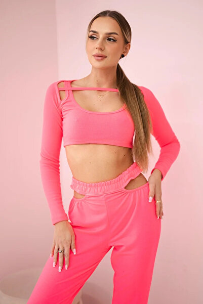 Kesi Set cu top cu mânecă lungă reiat, roz neon și pantaloni netezi