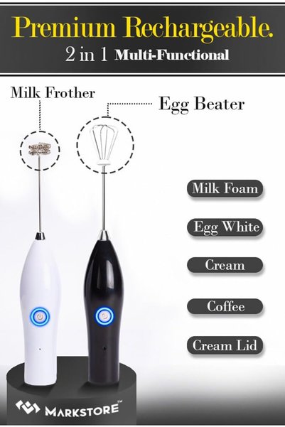 MARK STORE Powerful Milk Frother & Egg Beater by Ouslife - Rechargeable Handheld Drink Mixer - Electric Whisk Foam Maker for Coffee, Egg, Cappuccino, Matcha, Hot Chocolate & Coffee Creamer (Rechargeable 2in1)