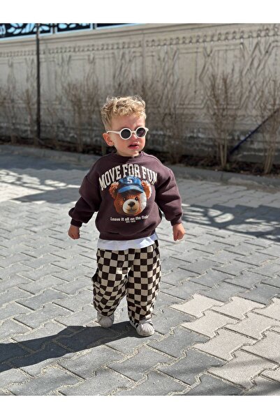 ERKEK ÇOCUK AYICIK BASKILI 3 İPLİK OVERSIZE SWEATSHIRT&EKOSE PANTOLON TAKIMI