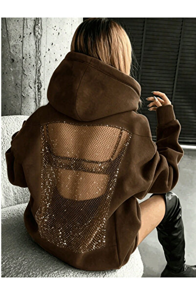 MOONBULL Kadın Sırt Taş Detaylı Kapüşonlu Günlük Trend Oversize Sweatshirt