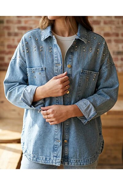 ArdaEge Oversized Denim Jacket with Stone Detail on the Front and Double Pock...