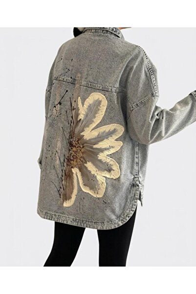 ArdaEge Oversized Denim Jacket with Floral Pattern on the Back, Signature Des...