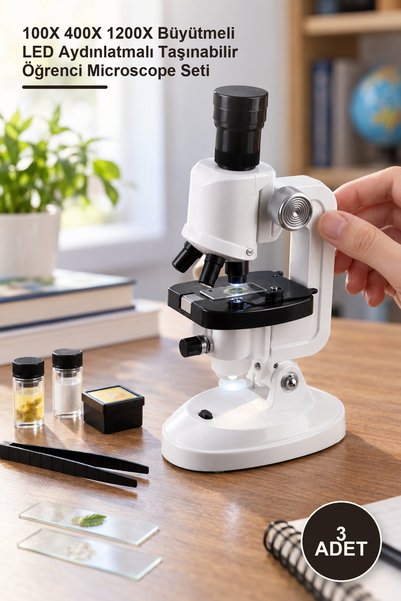 Yenilig 3 Adet Eğitim Ve Deney Mikroskop Seti – 100X 400X 1200X Büyütmeli LED Aydınlatmalı Taşınabilir Öğrenci Microscope Seti