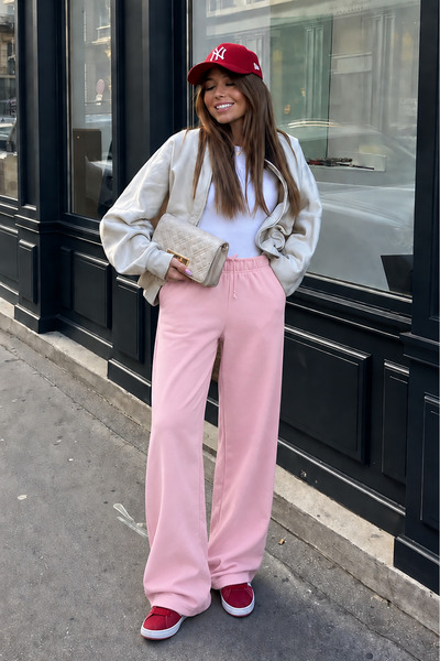 Butik Women's Pink Wide Leg High Waist Elastic Waist Sweatpants Nns029