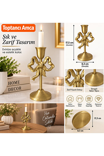 Toptancı Amca Dekoratif Fiyonklu Gold Mumluk Şamdan 17,5 cm Zarif Masa ve Ev ...