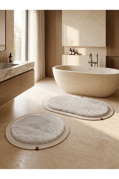 MELENA CARPET Rabbit Hair Plush Post-Bath Mat Set of 2 Ultra Soft Full Jute Edged Non-Slip Leather Base