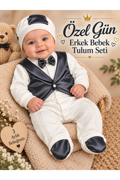 Sönmez bebe ÖZEL GÜN ERKEK BEBEK SATEN YELEKİ TULUM BAŞLIK VE FİYONK DETAYLI ...