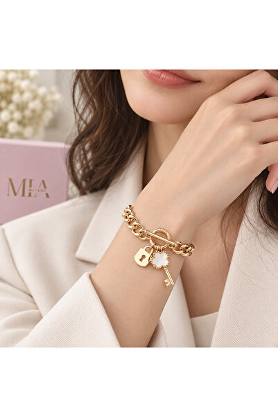 Mia Milano Gold Plated Bracelet with Mother-of-Pearl Stone and Key and Lock P...