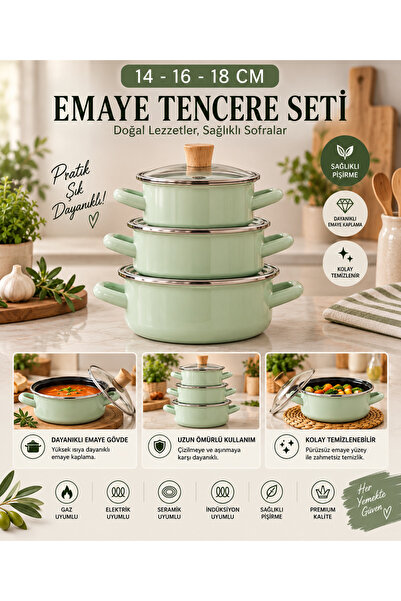 Auren Objects 3-Piece Enamel Pot Set – 14 / 16 / 18 cm – with Glass Lid, Gree...