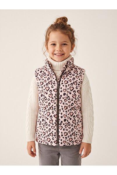 Deniva Kids Kız Çocuk Kalp ve Leopar Desenli Dik Yaka Fermuarlı Şişme Yelek