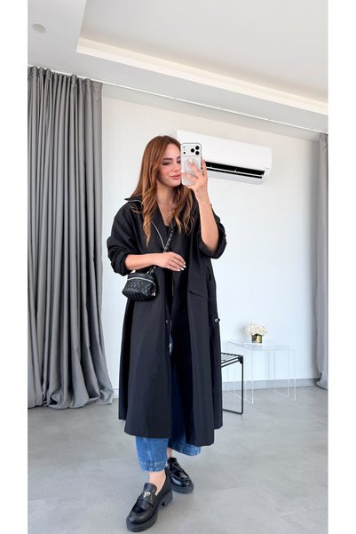 pelin yıldız butik Siyah Kita Orginal Marka Kapüşonlu Trenç