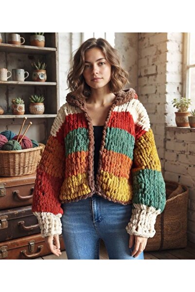 Patiska Tasarım Kadın El Örgüsü Puffy İp Kapüşonlu Renkli Hırka Oversize Örgü...