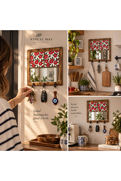 Handmade El Boyaması Seramik Karo Aynalı Ahşap Duvar Askısı | 3 Kancalı Anaht...