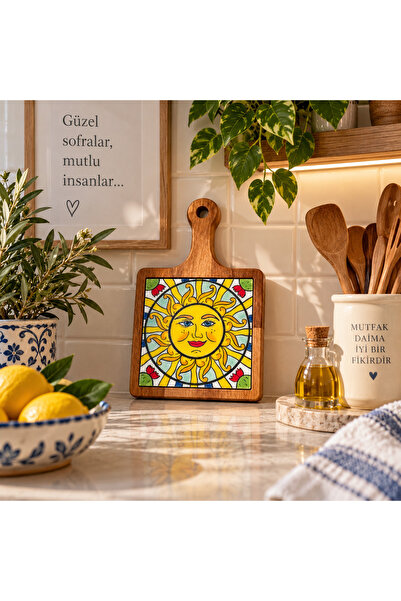 Handmade El Boyaması Güneş Desenli Seramik Karo Ahşap Sunumluk | Kahve ve İkr...