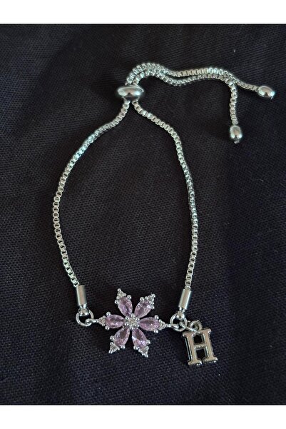 bijoux uniques Steel Pink Zircon Stone Lotus Flower H Letter Bracelet