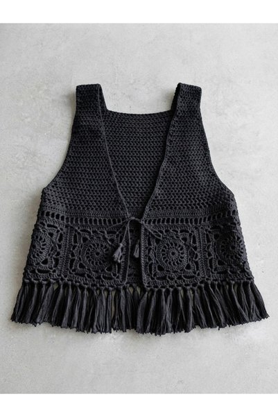 MEGAHAN BOUTIQUE Hand Knitted Cotton Thread Vest with Motifs and Tassels