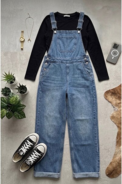 Köstebek Women's High Waist Wide Leg Strappy Denim Salopet Overalls Gardener ...