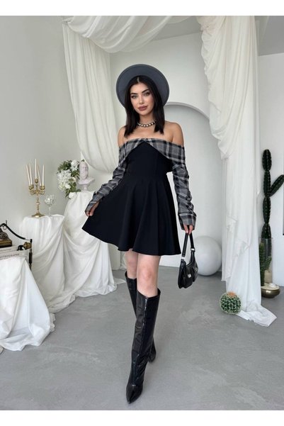 YURELİ Ekose Kollu Kloş Düşük Omuz Mini Elbise