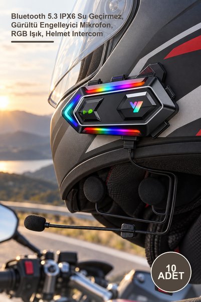 Yenilig 10 Adet Y20 Max Kablosuz Motosiklet Kask Intercom – Bluetooth 5.3 IPX6 Su Geçirmez, Gürültü Engelleyici Mikrofon, RGB Işık, Helmet Intercom