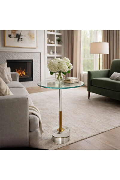 PLUS 49 Modern Glass Top Acrylic Metal Base Side Serving Table