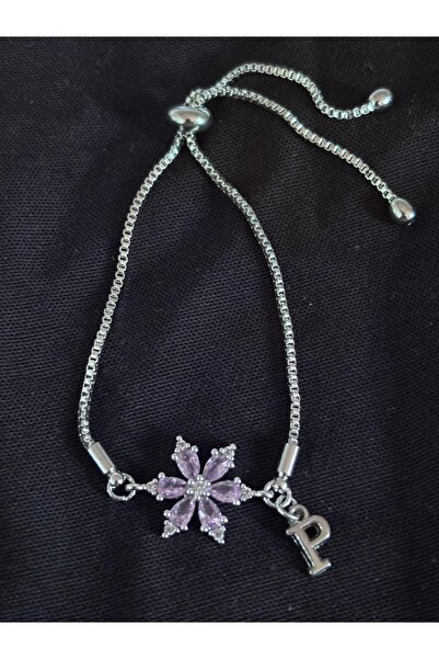 bijoux uniques Steel Pink Zircon Stone Lotus Flower P Letter Bracelet