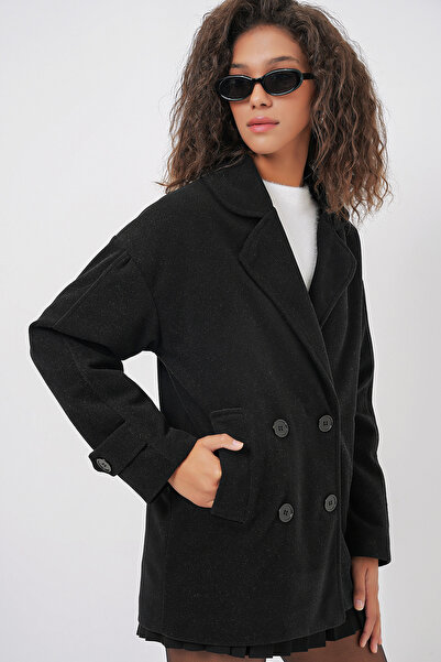 Modamorfo 9143 Women's Double Breasted Lapel Stamp Coat - Black