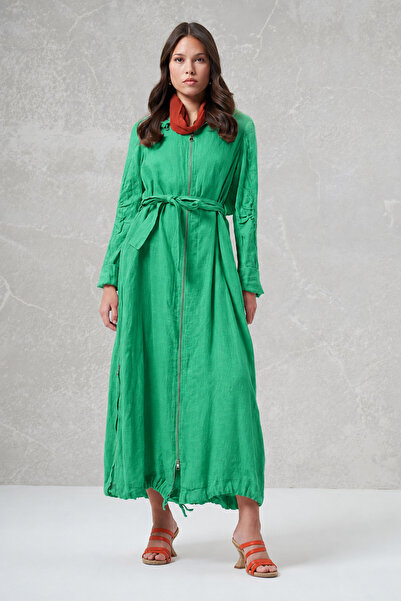 MissWhence Belted Zip-Front Linen Overcoat - Green
